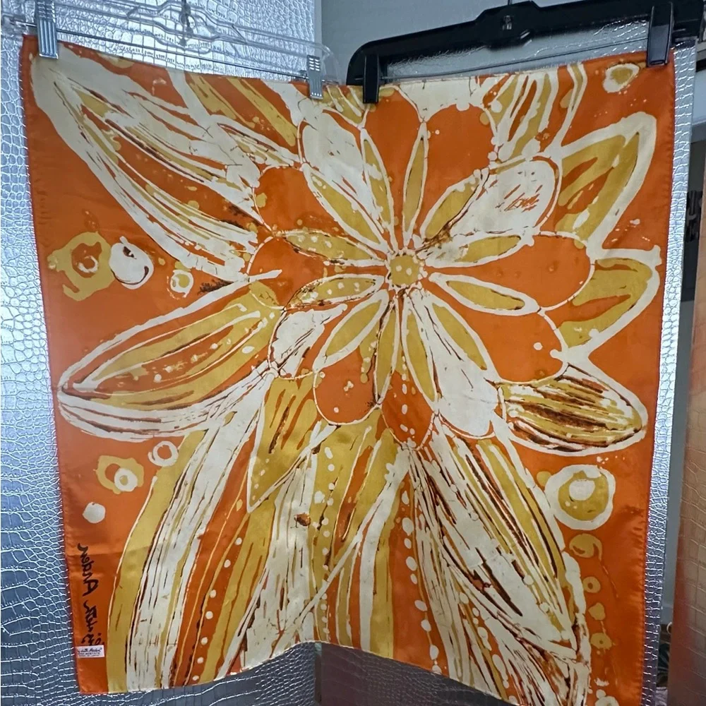 Elizabeth Arden Vintage Orange and Yellow Floral Patterned Silk Scarf